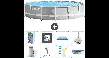 Intex Rond Prism Frame Zwembad - 457 x 107 cm - Grijs - Inclusief Pomp - Ladder - Grondzeil - Afdekzeil - Vloertegels - Stofzuiger - 9-delig