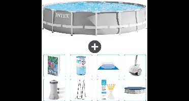 Intex Rond Prism Frame Zwembad - 457 x 107 cm - Grijs - Inclusief Pomp - Ladder - Grondzeil - Afdekzeil - Filter - Stofzuiger - 9-delig