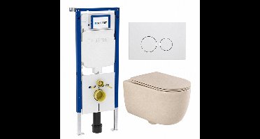 QeramiQ Dely Swirl Toiletset - 36.3x51.7cm - Geberit UP720 Duofix Sigma inbouwreservoir - slim zitting - mat witte metalen bedieningsplaat - ronde knoppen - beige