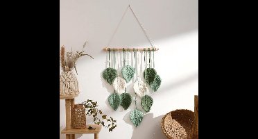 Handgemaakte Macramé Wandhanger - Bladeren & Veren Design - 100 x 40 cm - Bohemien Wanddecoratie - Katoen & Hout - Wandkleed voor Babykamer, Slaapkamer & Woonkamer - Boho Chic Huisdecoratie - Groen & Wit