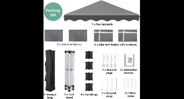 Partytent - Tent - Partytent Opvouwbaar - Pop Up Tent - Pop-Up Partytent met Zijwanden - 3x3m - Verstelbare Hoogte, Ramen & Wieltas - Wit