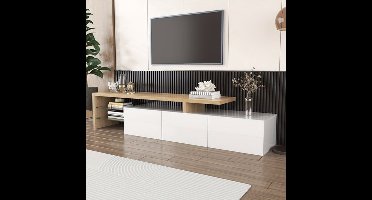 Tv Meubel – TV Kast – TV Meubelkast – Mediameubel – TV Dressoir – Hoogglans Wit – Bamboe Met Glazen Planken – Minimalistisch Ruimtebesparend Design