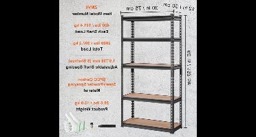Opslagrek Metaal - Metalen Stellingkast - 5 Laags - Heavy Duty - Verstelbare Planken - Industriële Opbergrek - Voor Garage - Keuken - Magazijn - 12 x 30 x 60inch