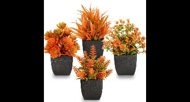 4 Stuks Kunst Herfstplanten in Pot, Mini Plastic Bloempotten Als Decoratieve Ornamenten, Herfstkleurige Kunstbloemen voor Thuis, Kantoor en Badkamer – voor Binnengebruik (Zwart)