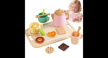 Houten speelgoedtheeservies voor kleine meisjes - Houten keukenaccessoires met theepot, kopje, dienblad, schepje, dessert - Speelgoedvoedsel voor kinderen - Prinsessentheekransje-speelset voor peuters