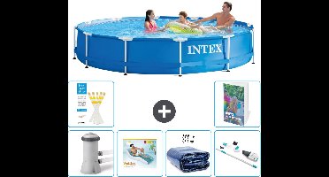 Intex Rond Frame Zwembad - 366 x 76 cm - Blauw - Inclusief Pomp Loungebed - Solarzeil - Stofzuiger - 7-delig