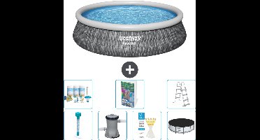 Bestway Rond Opblaasbaar Fast Set Zwembad - Rotanprint - 457 x 107 cm - Inclusief Pomp - Ladder Afdekzeil - Onderhoudspakket - Thermometer - 8-delig