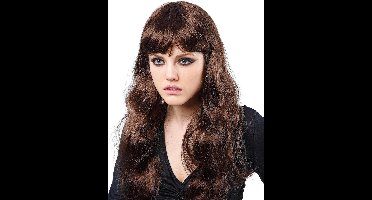 Vegaoo - Lange golvende bruine pruik met pony dames - Zwart - One Size