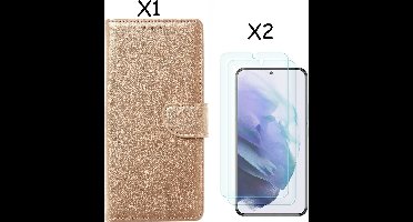 hoesje Geschikt voor Samsung S22 hoesje Goud Samsung Galaxy S22 5G hoesje bookcase portemonnee cover - Samsung hoesje S22 - Samsung S22 screenprotector / 2X Beschermglas