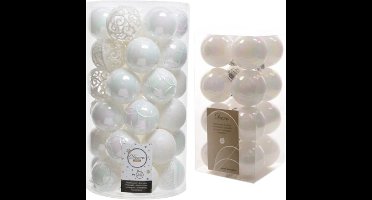 53x stuks kunststof kerstballen parelmoer wit 4 en 6 cm glans/mat/glitter mix - Kerstversiering