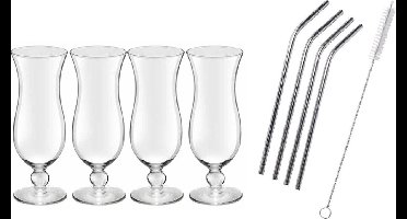 4x Cocktailglazen / Blue Hawaii glazen transparant 440 ml - Inclusief 4x RVS herbruikbare rietjes