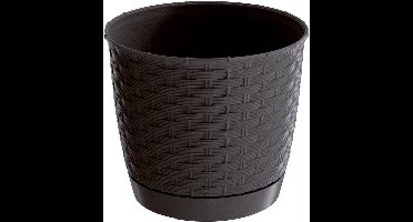 Ronde gevlochten plantenpot/bloempot kunststof dia 22 cm en hoogte 19,5 cm in het donkerbruin