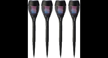 Set van 4x stuks solar tuinfakkel zwart met vlameffect 27 cm kleurveranderend effect - Tuinverlichting
