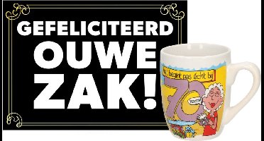 Grappige verjaardagsmok/beker 70 jaar man met grappige tekst 300 ml + wenskaart Gefeliciteerd ouwe zak