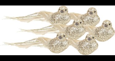 6x stuks kunststof decoratie vogels op clip goud glitter 21 cm - Decoratievogeltjes - Kerstboomversiering