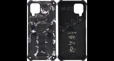 Hoesje Geschikt Voor Samsung Galaxy A12 (5G) Hoesje - Rugged Extreme Backcover Marmer Camouflage met Kickstand – Zwart