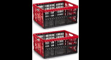 PlasticForte Boodschappenkrat - 2x stuks - 32L - 48 x 35 x 24 cm - vouwkrat - opvouwbaar - zwart/rood