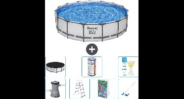 Bestway Rond Steel Pro MAX Zwembad - 457 x 107 cm - Grijs - Inclusief Pomp - Ladder - Afdekzeil - Filter - Stofzuiger - 8-delig
