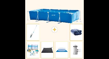 Intex Rechthoekig Frame Zwembad - 450 x 220 x 84 cm - Blauw - Inclusief Onderhoudspakket - Solar Mat - Grondzeil - Zwembadfilterpomp - Stofzuiger - Solarzeil - 7-delig