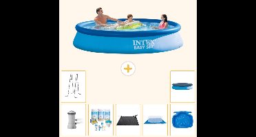 Intex Rond Opblaasbaar Easy Set Zwembad - 366 x 76 cm - Blauw - Inclusief Pomp - Onderhoudspakket - Solar Mat - Grondzeil - Voetenbad - Ladder - Afdekzeil - 8-delig