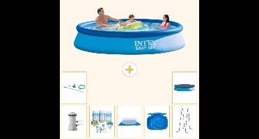 Intex Rond Opblaasbaar Easy Set Zwembad - 366 x 76 cm - Blauw - Inclusief Pomp - Onderhoudspakket - Grondzeil - Voetenbad - Ladder - Schoonmaakset - Afdekzeil - 8-delig