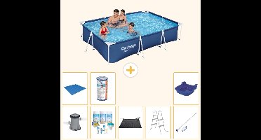 Bestway Rechthoekig Steel Pro Zwembad - 300 x 201 x 66 cm - Blauw - Inclusief Pomp - Onderhoudspakket - Solar Mat - Ladder - Schoonmaakset - Grondzeil - Filter - Voetenbad - 9-delig