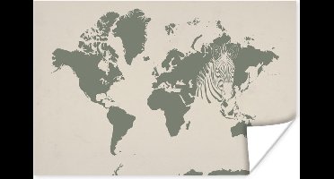 Poster Wereldkaart - Dieren - Zebra - 30x20 cm