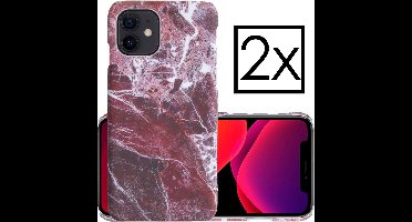 Hoes Geschikt voor iPhone 12 Mini Hoesje Marmer Back Case Hardcover Marmeren Hoes Marmer - Rood - 2 PACK