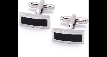 Manchetknopen - Effen Zwart Rechthoekig Zilveren Rand