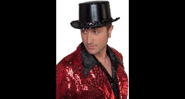 Hoge hoed lamee met paillettenband zwart