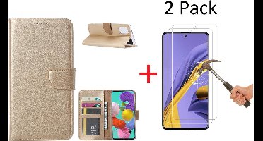 Hoesje Geschikt Voor Samsung Galaxy A51 Portemonnee hoesje + 2X Screenprotector - Goud