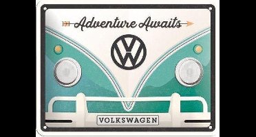 Metalen Wandbord met reliëf - Volkswagen VW Bulli Adventure Awaits - 15 x 20 cm