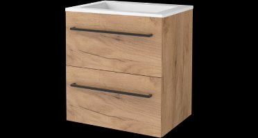 Basic Start 46 badmeubelset met wastafelonderkast met grepen, 2 lades en acryl wastafel met 1 kraangat 60 x 46 cm, whisky oak