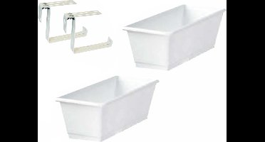 Set van 3 kunststof plantenbakken wit rechthoekig 40 cm met 6 verstelbare railing beugels