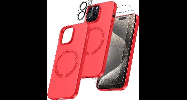 Hoesje Geschikt voor iPhone 15 Pro Magsafe hoes incl 2x gehard glazen screenprotector & 1x cameraLens protector – Rood