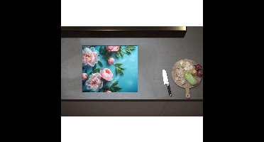 Inductieplaat Beschermer - Chinese Pioen Bloemen op Blauwe Achtergrond - 59x50 cm - 2 mm Dik - Inductie Beschermer - Bescherming Inductiekookplaat - Kookplaat Beschermer van Zwart Vinyl