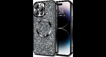 Hoesje Geschikt voor iPhone 15 Pro Magsafe hoesje Zwart - Lens beschermer glitter backcover