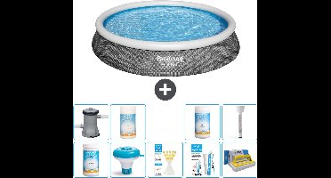 Bestway Rond Opblaasbaar Fast Set Zwembad - Rotanprint - 396 x 84 cm - Inclusief Pomp Chloor - Chloordrijver - Testrips - Reparatiesetje - Scrubborstel - PH-min - PH-plus - Thermometer