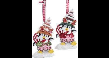 Kurt S. Adler Kerstornament - Pinguin met Gingerbread Hoed - set van 2 - rood wit zwart - 9cm