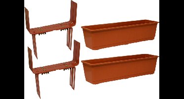 Set van 4 kunststof plantenbakken terracotta rechthoekig 60 cm met 8 verstelbare balkon/muurbeugels