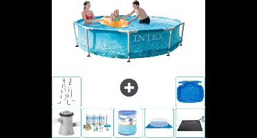 Intex Rond Frame Zwembad - 305 x 76 cm - Waterprint - Inclusief Pomp Onderhoudspakket - Filter - Grondzeil - Solar Mat - Ladder - Voetenbad