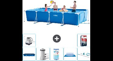Intex Rechthoekig Frame Zwembad - 450 x 220 x 84 cm - Blauw - Inclusief Afdekzeil - Zwembadfilterpomp - Filter - Grondzeil - Schoonmaakset - Zoutwatersysteem - Zwembadzout