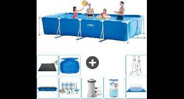 Intex Rechthoekig Frame Zwembad - 450 x 220 x 84 cm - Blauw - Inclusief Afdekzeil - Onderhoudspakket - Zwembadfilterpomp - Filter - Grondzeil - Solar Mat - Ladder - Voetenbad