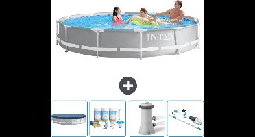 Intex Rond Prism Frame Zwembad - 366 x 76 cm - Grijs - Inclusief Afdekzeil - Onderhoudspakket - Zwembadfilterpomp - Stofzuiger