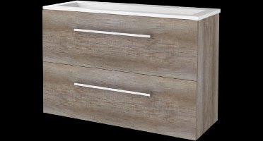 Basic Start 39 badmeubelset met wastafelonderkast met grepen, 2 lades en acryl wastafel met 2 kraangaten 100 x 39 cm, scotch oak