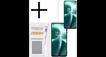 Hoesje - Met Screenprotector - Geschikt voor OnePlus Nord 2T - Luxe Pasjeshouder - Bookcase Portemonee - Flip Case - Kunstleer Book Case - Flipcase - Book Cover - Walletcase - Portemonneehoes - Wit