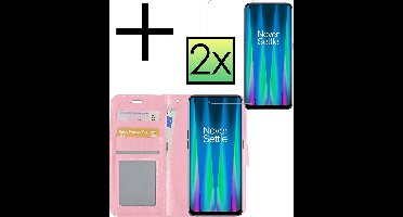 Hoesje - Met 2x Screenprotector - Geschikt voor OnePlus Nord CE 2 Lite - Luxe Pasjeshouder - Bookcase Portemonee - Flip Case - Kunstleer Book Case - Flipcase Hoes - Book Cover - Walletcase - Portemonneehoes - Lichtroze