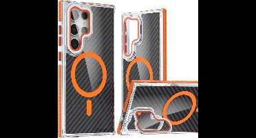 Magsafe Hoesje Geschikt voor Samsung S24 Ultra hoesje Oranje Heavy Duty Carbon Case met Versterkte Zijkanten, MagSafe en Camera Kickstand