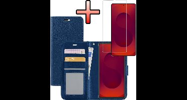 Hoesje - Met Screenprotector - Geschikt voor Samsung Galaxy S25 Ultra - Luxe Pasjeshouder - Bookcase Portemonee - Flip Case - Kunstleer Book Case - Flipcase - Book Cover - Walletcase - Portemonneehoes - Donkerblauw