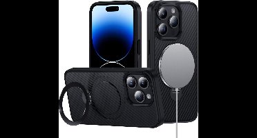 Hoesje geschikt voor iPhone 14 Pro Max Magsafe hoesje met Carbon uitvoering - 360° Draaibare Magnetische Standaard - Back Cover Kickstand Ring – Zwart